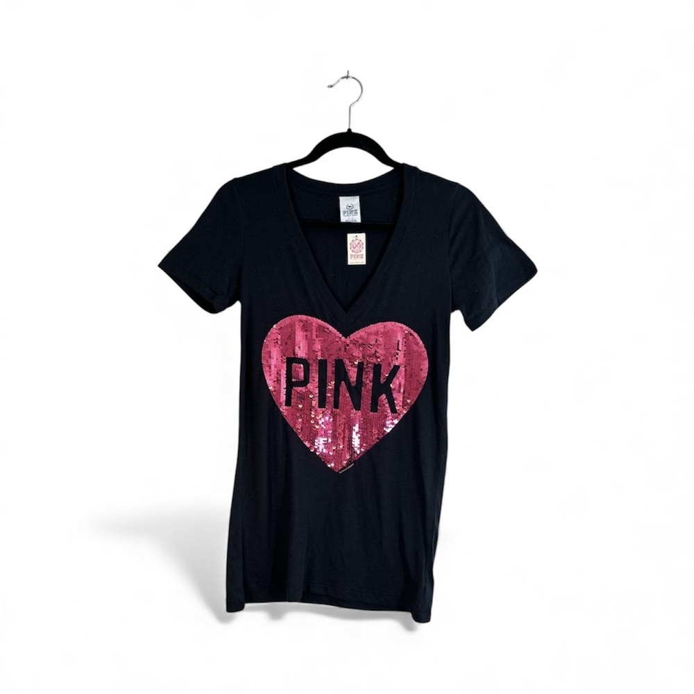 PINK Victoria's Secret Black Tee with Pink Sequin Heart